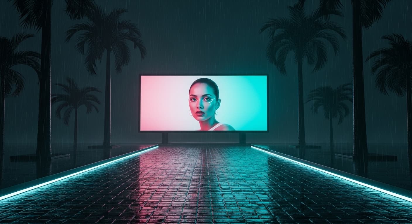 Massive LED billboard displaying a woman in a futuristic cityscape at night