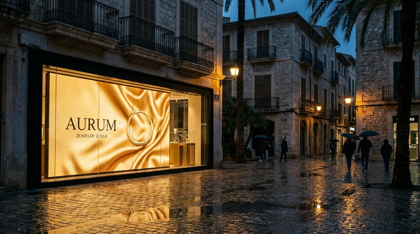 Premium LED screen in a Mediterranean town square at night