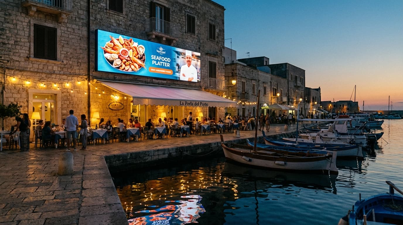 LED screen on the Paphos waterfront at dusk