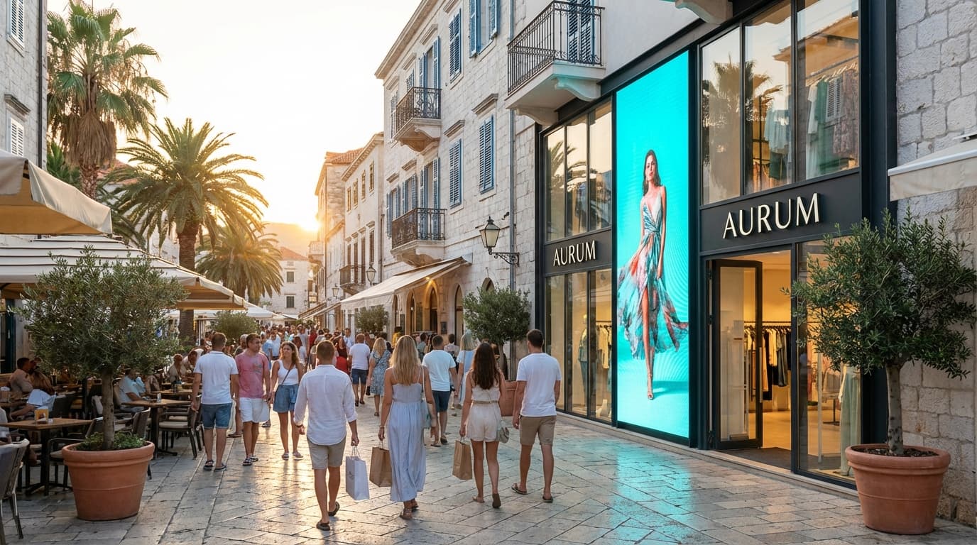 Vertical LED screen in a fashion boutique on a tourist boulevard